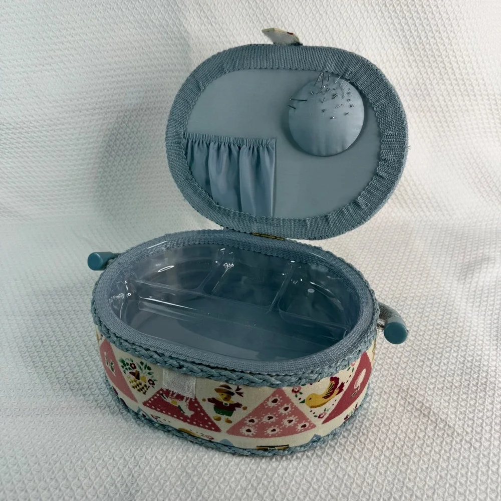 Vintage Oval Sewing Basket Blue Wicker Trim Patchwork Bird Print with Tray